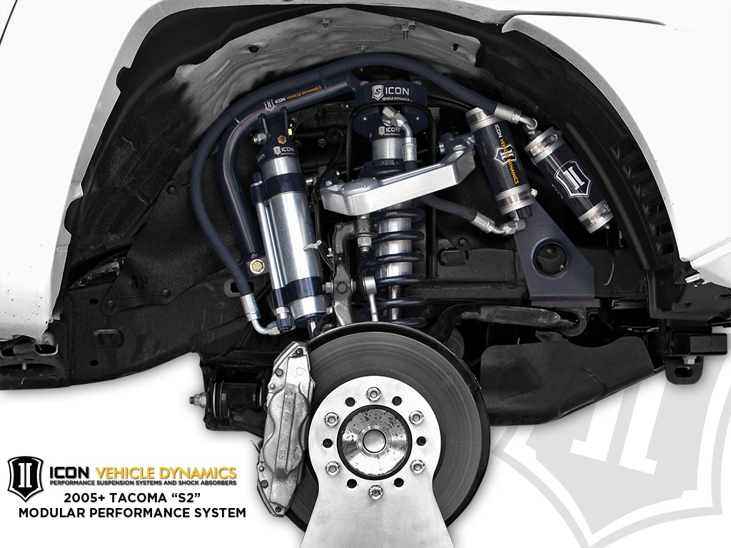 ICON 2005-2023 Toyota Tacoma/2003-2024 4Runner/2007-2014 FJ Cruiser/2003-2009 Lexus GX470, Front, V.S. 2.5 Aluminum Series Shock Absorbers, S2 Secondary Shocks, Omega Bypass Remote Reservoir, Pair
