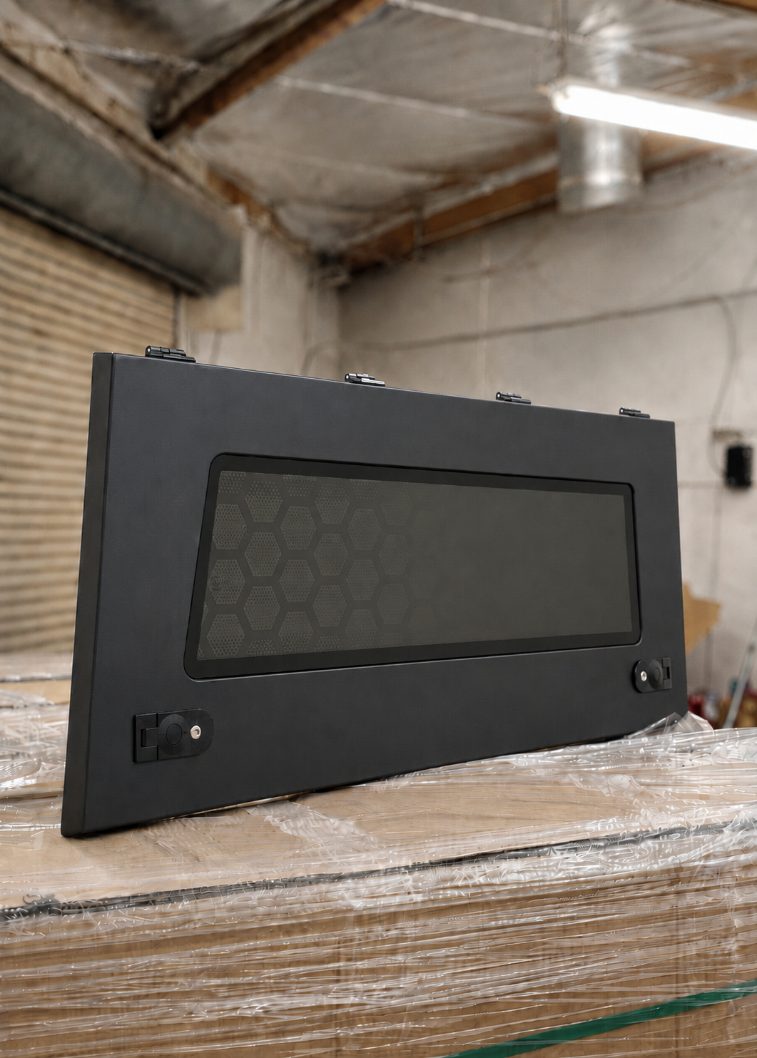 Side door with solid glass and interior molle